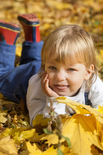 Heureux garçon dans les feuilles de l'automne se trouve — Photo