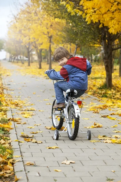 Jongen die een fiets in herfst park — Stockfoto