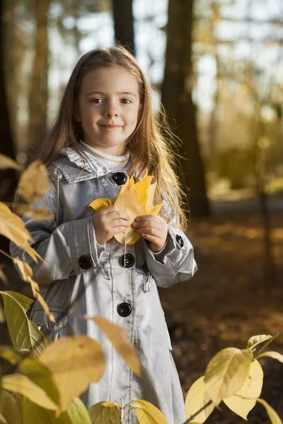 Chica feliz en hojas otoño — Foto de Stock