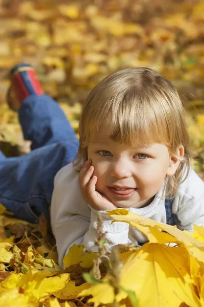 Heureux garçon dans les feuilles de l'automne se trouve — Photo