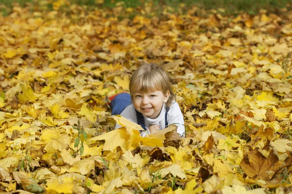 Happy boy v podzimní listí leží — Stock fotografie