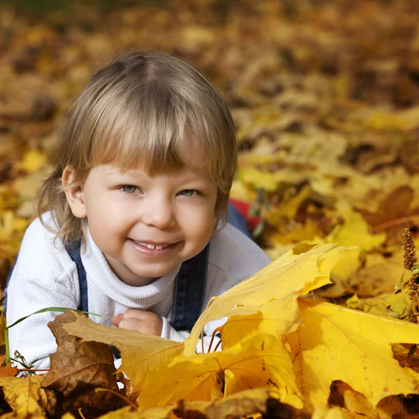 Happy boy v podzimní listí leží — Stock fotografie