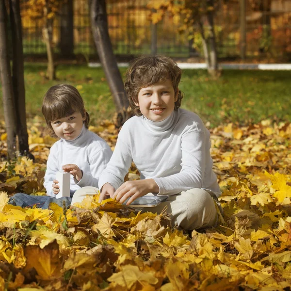 Happy boys v podzimním parku — Stock fotografie