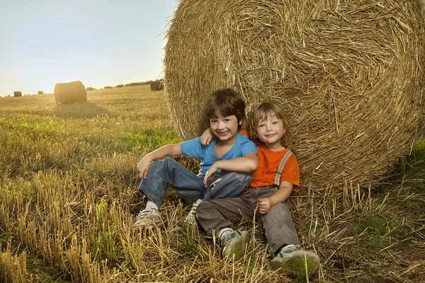 Two boys in a haystack in the field — Stock Photo, Image