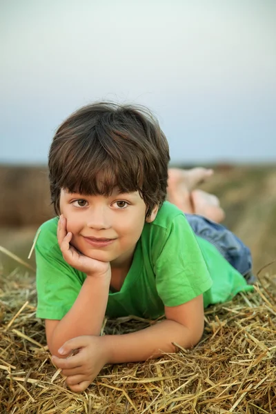 Ragazzo in un pagliaio nel campo — Foto Stock