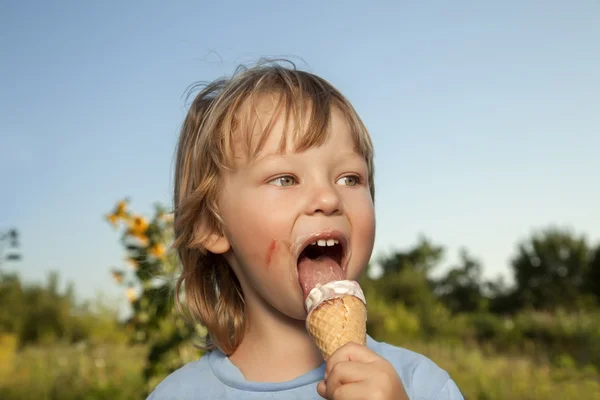Glücklicher kleiner Junge isst ein Eis — Stockfoto