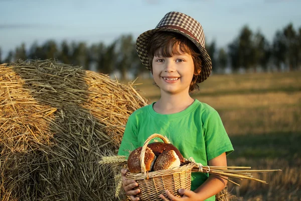 Pojke med korg med bullar i bakgrunden av höstackar i ett fält — Stockfoto