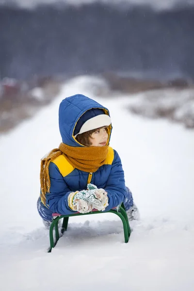 Happy boy on sled — Stock Photo, Image