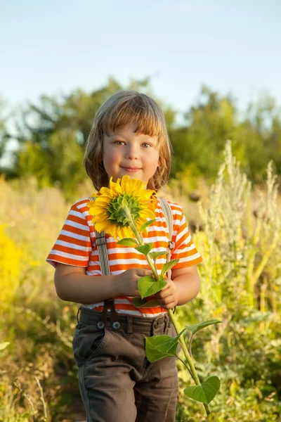 Szczęśliwy chłopiec ze słonecznikiem — Zdjęcie stockowe