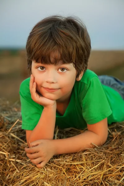 Pojke i en höstack i fältet — Stockfoto