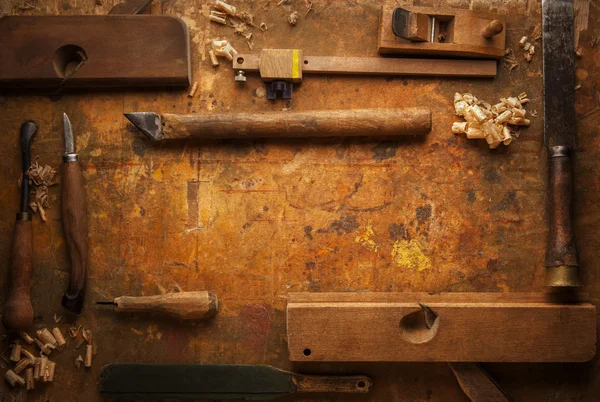 Hand tools Wood on an old wooden workbench — Stock Photo, Image