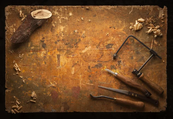 Hand tools Wood on an old wooden workbench — Stock Photo, Image