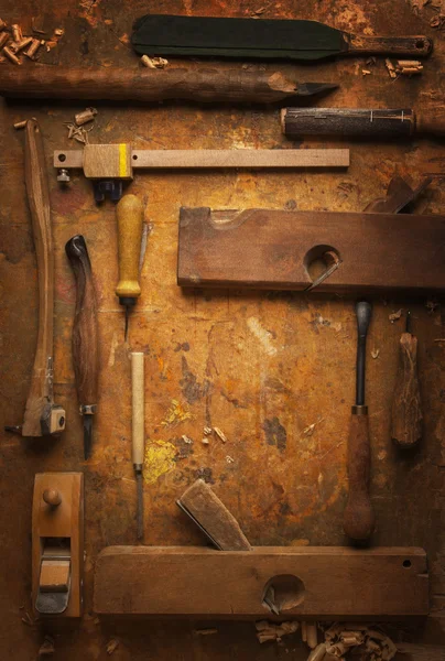 Hand tools Wood on an old wooden workbench — Stock Photo, Image