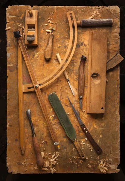 Hand tools Wood on an old wooden workbench — Stock Photo, Image