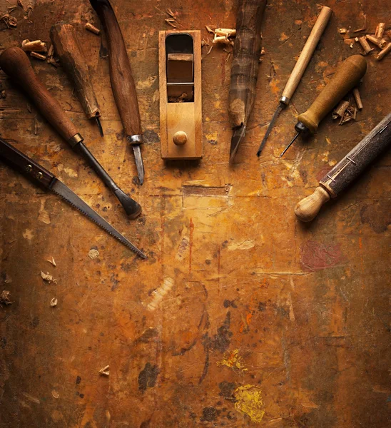 Hand tools Wood on an old wooden workbench — Stock Photo, Image