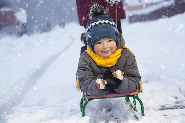 Happy boy with sled — Stock Photo, Image