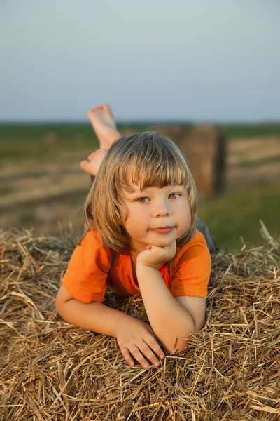 Boy in a haystack in the field — Stock Photo, Image