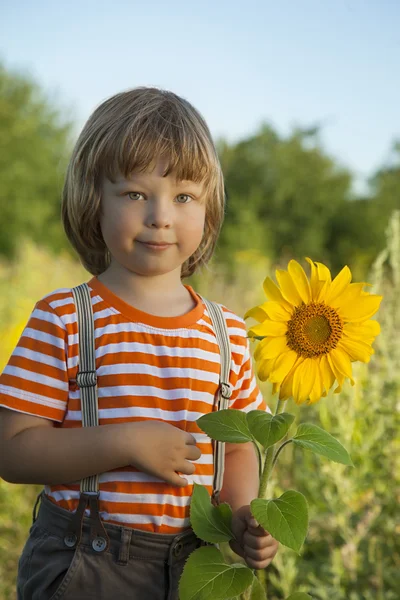 Счастливый мальчик с подсолнухом — стоковое фото