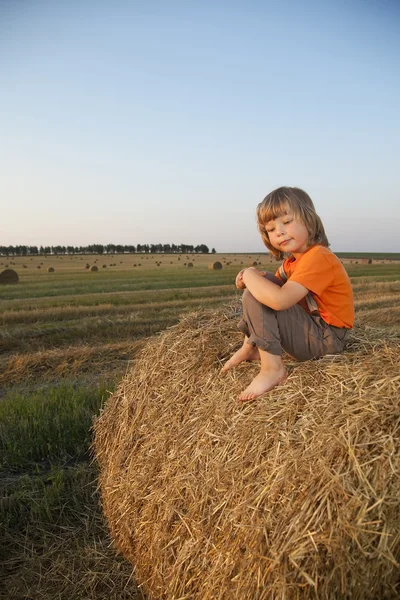 Jongen in een hooiberg in het veld — Stockfoto