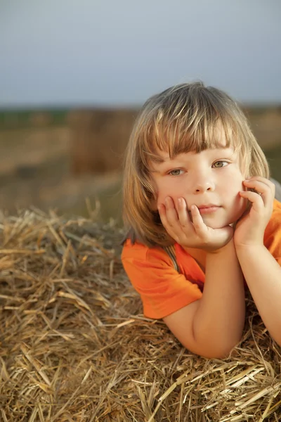 Ragazzo in un pagliaio nel campo — Foto Stock