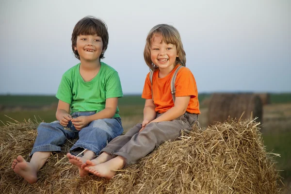 Jongen in een hooiberg in het veld — Stockfoto