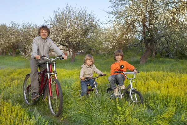 Three brothers ride bikes — Stock Photo, Image