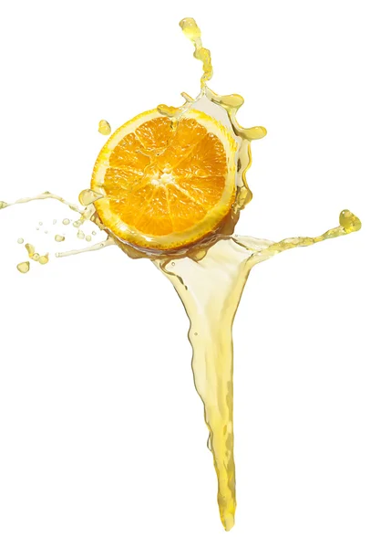 Plasterek pomarańczy w strumieniu sok — Zdjęcie stockowe