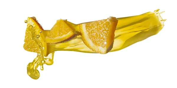 Orange slice in juice stream — Stock Photo, Image