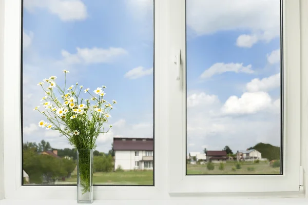 Boeket van wilde bloemen op een kunststof venster — Stockfoto