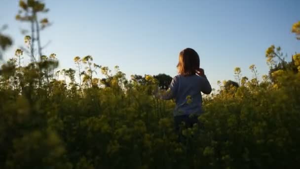 Gyermek fut át a réten a virág — Stock videók