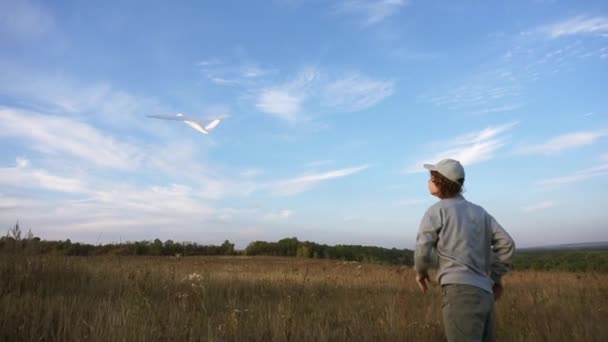 Счастливый ребенок играет с самолетом на лугу — стоковое видео
