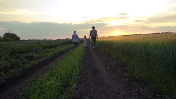 Šťastná rodina chodí na venkovské silnici — Stock video