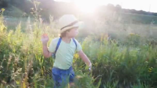 Niño caminando en el bosque — Vídeo de stock