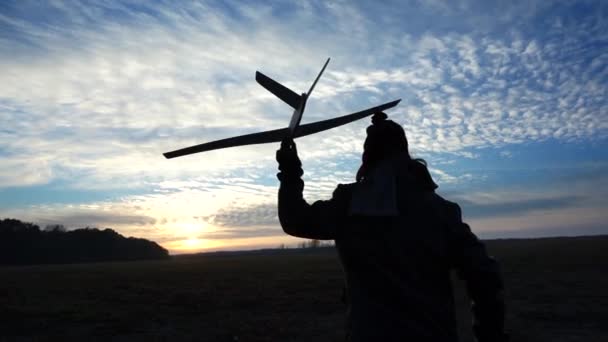 Enfant jouant avec un avion dans une prairie — Video