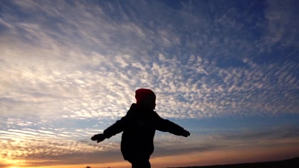 Silhouette in esecuzione di un bambino sul campo — Video Stock