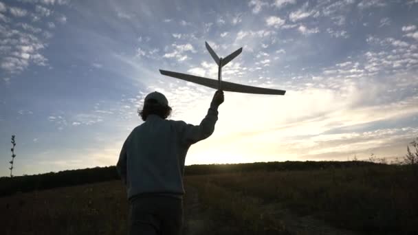 Bambino felice Giocare con un aeroplano su un prato — Video Stock