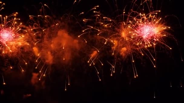 4K本物の花火の背景 夜空に輝く花火 輝く輝き 大晦日の花火のお祝い カラフルな新年花火 — ストック動画