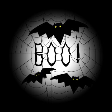 Spider web with word boo in the center, with bats flying around it, on black and white gradient background - a Halloween design clipart