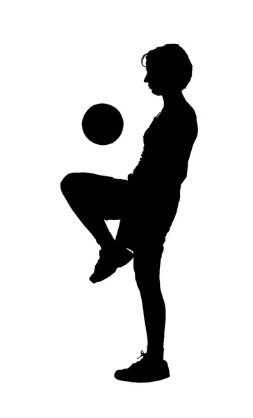 Silhouette of a girl bouncing a soccer ball, black on white — Stock Photo, Image