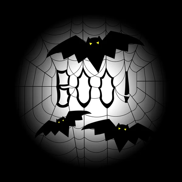 Spider web with word boo in the center, with bats flying around it, on black and white gradient background - a Halloween design — Stock Photo, Image