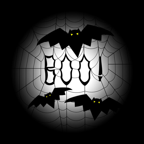 Spider web with word boo in the center, with bats flying around it, on black and white gradient background - a Halloween design