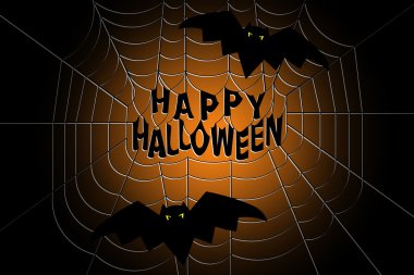 Bir örümcek ağı ortasında iki korkunç yarasalar uçan, degrade arka plan ile hangin mutlu Halloween Metin