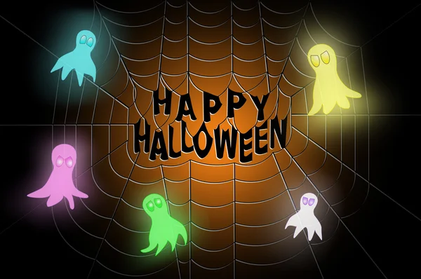 Happy halloweeen teks di tengah jaring laba-laba, dengan hantu bersinar terbang di sekitarnya — Stok Foto