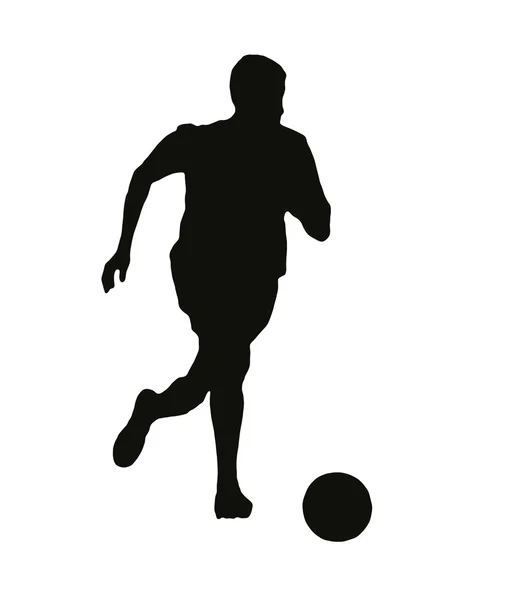 Silueta de un joven corriendo con una pelota de fútbol, aislado en blanco — Foto de Stock