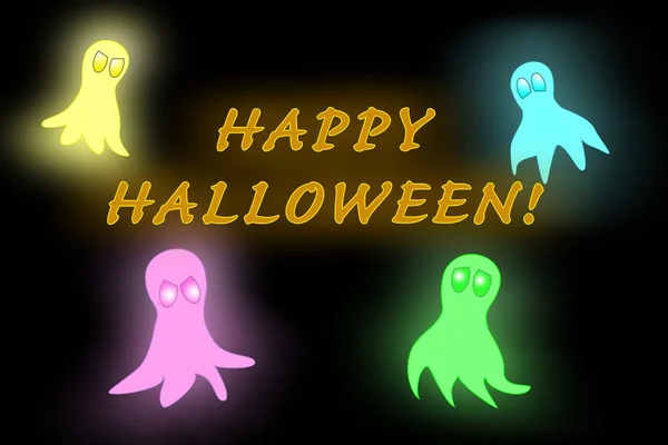 Hantu Halloween bersinar dalam gelap dengan warna cerah, dengan teks Happy Halloween — Stok Foto