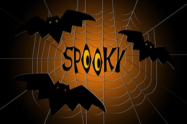 Spindelnät med fladdermöss och text spooky i centrum, på tonad svart och orange bakgrund — Stockfoto