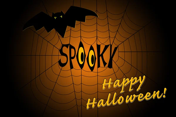 Palavra assustador no meio de uma teia de aranha, com um morcego assustador, e um desejo Happy Hallween no fundo gradiente — Fotografia de Stock