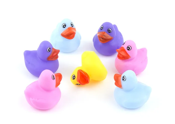 Rubber ducks in a circle with one down on white - concept of bullying — Stock Photo, Image