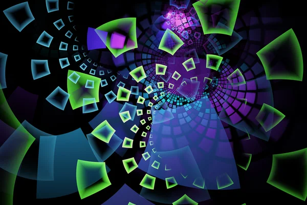 Fractal with large colorful curved tiles on black background, like windows to other dimensions or alternate worlds — Stock Photo, Image