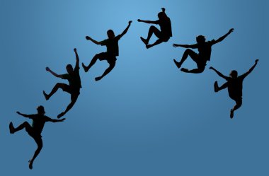 Atletik genç adam tıklayarak onun topuklu birlikte, degrade mavi siluet, başarı, kavramı havada sıçrayan sevinç, yüksek ulaşan